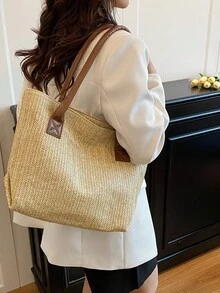 大容量沙滩包，新款休闲简约编织手提包，百搭女士草编手提包 - 棕色 - 查看 5