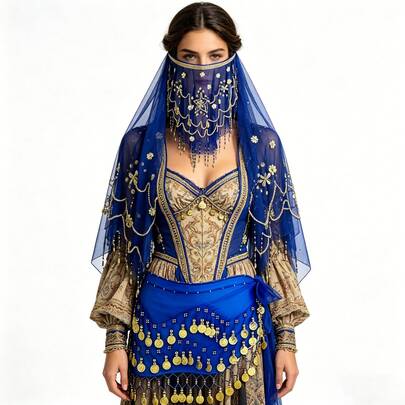 1 Set Conjunto de danza del vientre bohemio para mujer con pañuelo de cadera con monedas doradas y velo de gasa con lentejuelas, cubierta facial ajustable. Accesorios de danza para festival, fiesta, actuación, rave, carnaval, discoteca, ropa de playa, decoración de ropa bohemia y estilo retro.