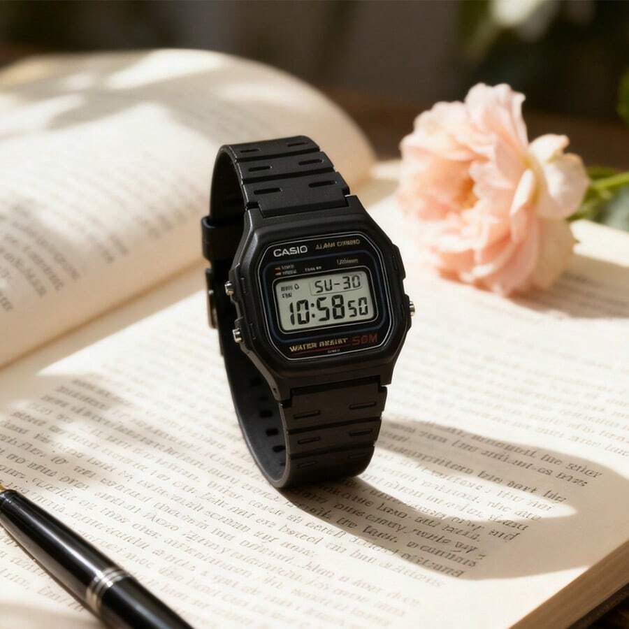 Casio 1件男士经典复古方形石英表，卡西欧青年系列圆形表盘腕表，耐用树脂表带，简约休闲风格，日常佩戴，新年礼物送朋友 - 黑色 - 查看 1