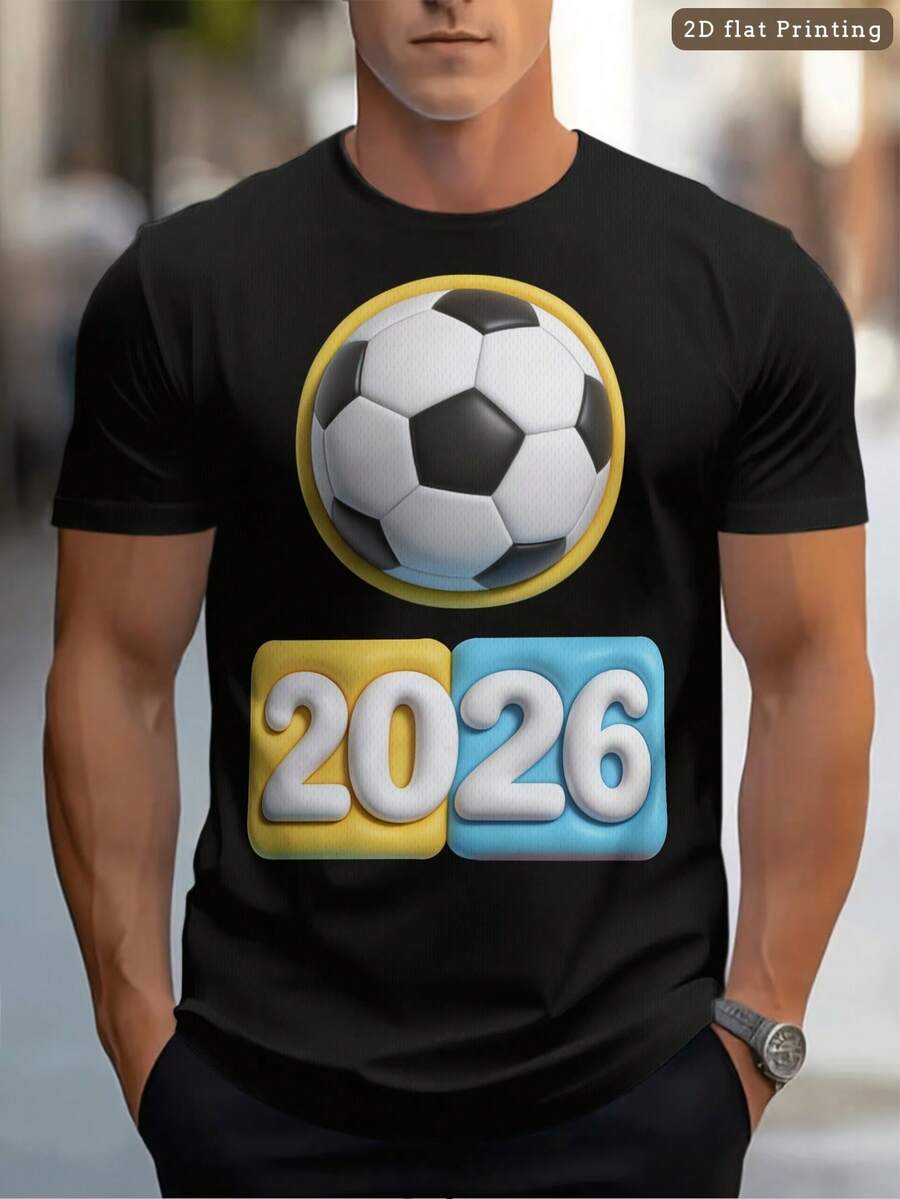 1 pieza de camiseta de manga corta para hombre con estampado digital 3D de la  2026  World Cup [Autorizada], adecuada para todas las estaciones, elegante y versátil, casual y cómoda, un gran regalo para Halloween y Navidad., TALLA GRANDE - Negro - Ver 1