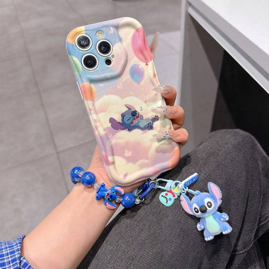 Disney Has Authorized, Phone Case - Chain Set, The Stitch Lilo & Stitch Phone Case Plus A Silicone 3D Or Fluffy Style Stitch Bracelet With Metallic Ring Removable Bracelet, Stitch And Angel Pattern, Compatible With Iphone 17/16/15/14/13/12/11/XS/XR/X Plus Pro Max, Wavy Design Phone Case For Girl, A Stylish Cartoon Summer Phone Case, The Perfect Gift Choice, Phone Protection, Durable Phone Cover, Great Gift For Friends And Family - 白色款式B - 查看 1