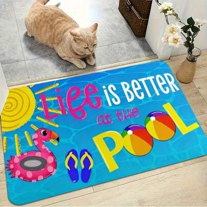 1 Piece, Non-Slip Machine-Washable Polyester Bath Mat With Beach Element Decoration, Suitable For Bathroom, Living Room, Bedroom, Kitchen And Office | Fun Design