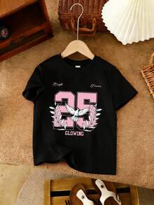 6 Stücke/Set Mädchen Casual Mode Ziffer 25 & Vogel Buchstaben Muster T-Shirt und Shorts Set, bequeme Alltagskleidung, kühler Sommerstil für Mädchen - Verschiedenfarbig - Übersicht 3
