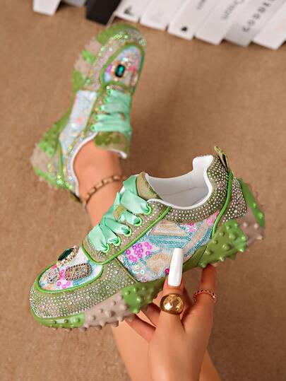 LiangJingJing Women's Pink Casual Shoes, Color Block Design, Fashion Party Shoes With Synthetic Crystals And Sequins, Suitable For Gym, Outdoor, All Seasons