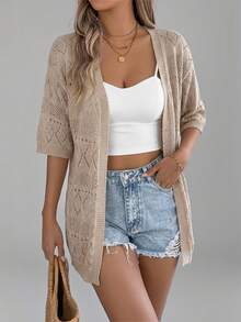 Summer New Open Knit Short Sleeve Cover Up Vacation Beach Swimsuit Cover Up, Thin Solid Color Jacket For Women - Khaki - View 5