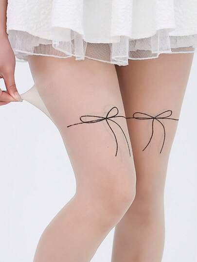 1 par de medias transparentes de color piel con estampado de lazo, estilo dulce de niña, ultra delgadas y de uso versátil para el día a día