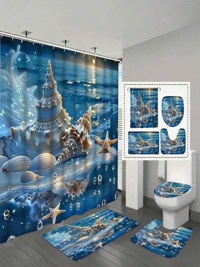 1/4 件套贝壳沙滩印花浴帘套装，浴室帘，装饰浴室套装，包含浴帘、防滑垫、马桶盖套、浴垫和 12 个塑料挂钩，浴室配件，家居装饰