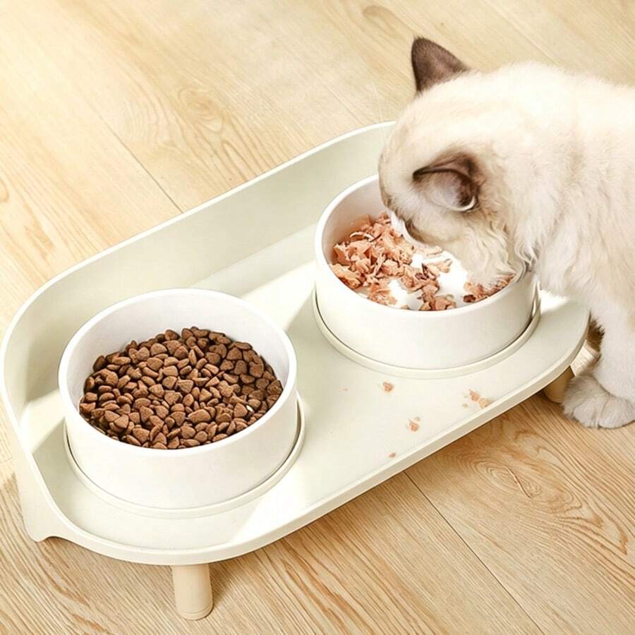 1 pieza Tazón de cerámica para gatos, tazón doble para perros, tazón de comida para gatos, cuello protector, antiderrame, antisalpicaduras, suministros para mascotas - 600 ml - Ver 1