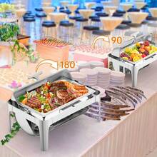 Juego profesional de bandejas rectangulares con tapa enrollable para buffet – Calentador de alimentos de acero inoxidable de tamaño completo con ventana de vidrio, ideal para catering, bodas, banquetes y eventos – Plateado - color natural - Ver 4