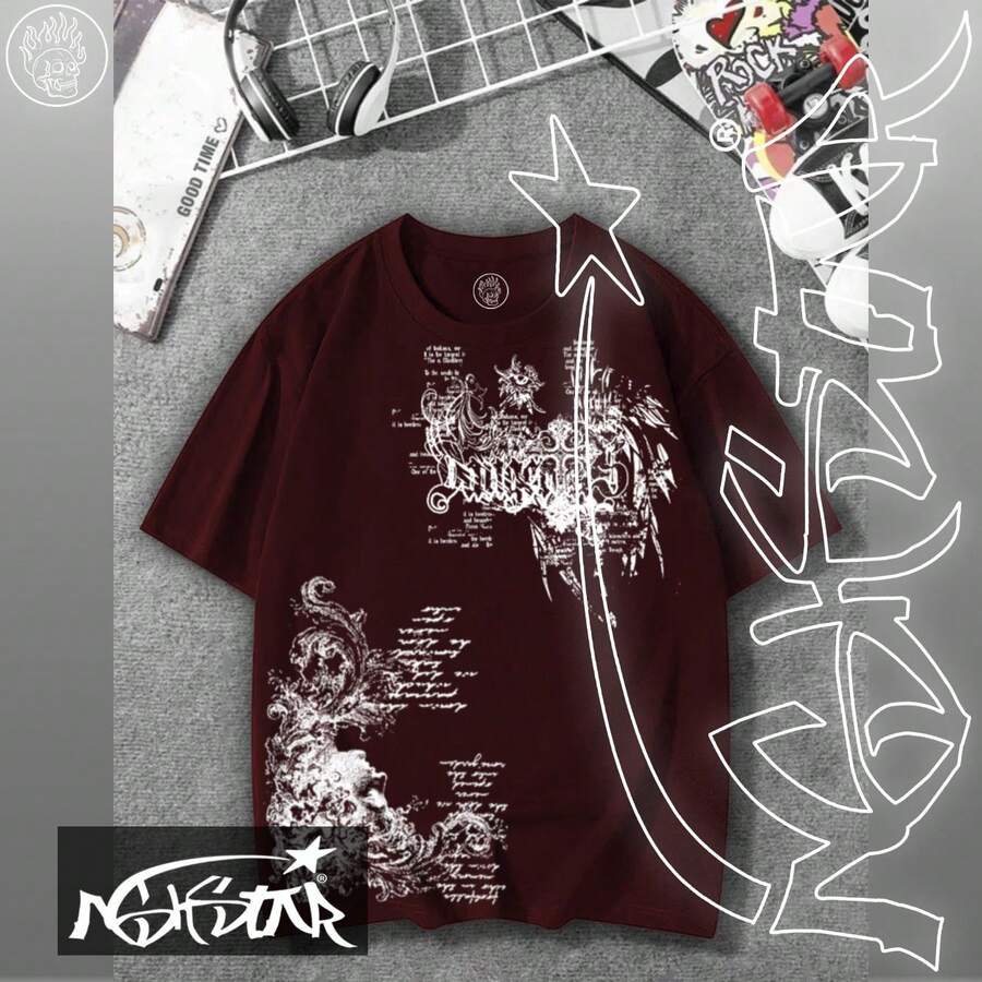 Premium 100% Cotton T-Shirt ASHSTAR "Gothic Y2K" - 紫紅色 - 查看 1