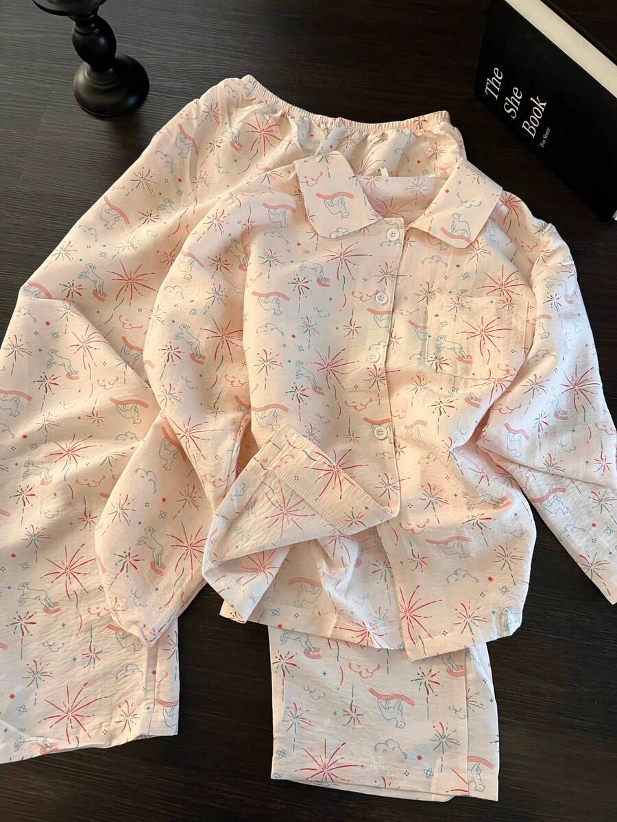 Random Print Soft & Sweet Long Sleeve Pajama Set For Women - Apricot - View 1