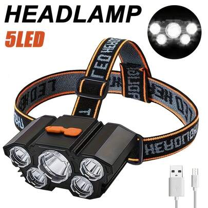 Multifunctional 5LED Headlight Head Mounted Flashlight Outdoor USB Charging Fishing Headlight Strong Bald Head Light 4-Mode Headlight Flashlight, Used For Outdoor Running, Hunting, Hiking, Camping