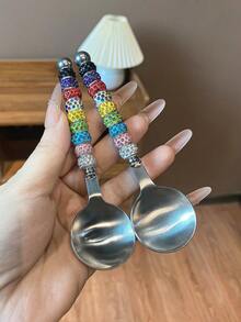 1pc/2pcs 304 Stainless Steel Creative Sweet Beaded Spoon, Dessert Spoon, Fruit Fork For Afternoon Tea, Restaurant, Home Party - Polymer Clay Beads - View 10