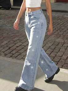 Quần jeans nữ ống rộng họa tiết kim cương, cạp cao, kiểu dáng tối giản, lấp lánh, thích hợp cho những buổi đi chơi mùa hè năm 2026. - Rửa nhẹ - Xem 3