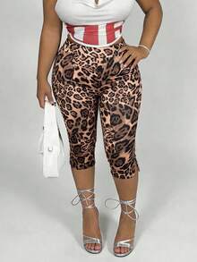 Solid Color Lightweight 7/8 Leggings With Side Slit Hem, Suitable For Casual Outings And Dates In Summer And Spring - Leopard - View 5