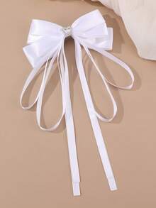 1pc Women's Elegant White Rhinestone Bowknot Long Ribbon Hair Clip, Suitable For Daily, Spring/Summer, Festivals, Weddings, Parties,Party,Birthday - White - View 2