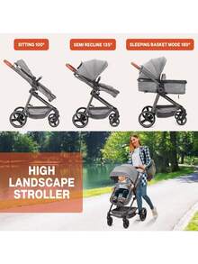 Cochecito doble convertible para bebé – Cochecito plegable 2 en 1 de alta posición, capazo reversible, estructura de aluminio, arnés de 5 puntos – Apto para recién nacidos y niños pequeños - Gris - Ver 3