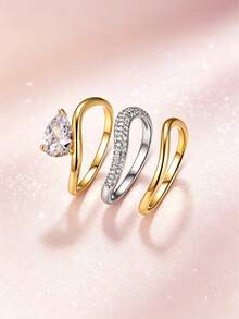 3pcs/Set Fashion Elegant Inlaid Teardrop Dual-Tone Stackable Rings, Suitable For Parties, Daily Wear, Holidays, Weddings - Multicolor - View 2