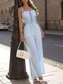 Perirose Bộ jumpsuit hai dây kẻ sọc xanh trắng dành cho nữ, kiểu dáng thời trang xẻ tà bên hông, cạp cao, ống rộng, thích hợp cho kỳ nghỉ xuân 2026 và phong cách đường phố. - Rửa nhẹ - Xem 6