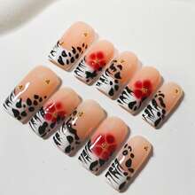 Nailposh 10 PCS Handmade Short Square Press-On Nails | Nude French Tip With Cow Print & Red Floral Accents - 黑色 - 查看 1
