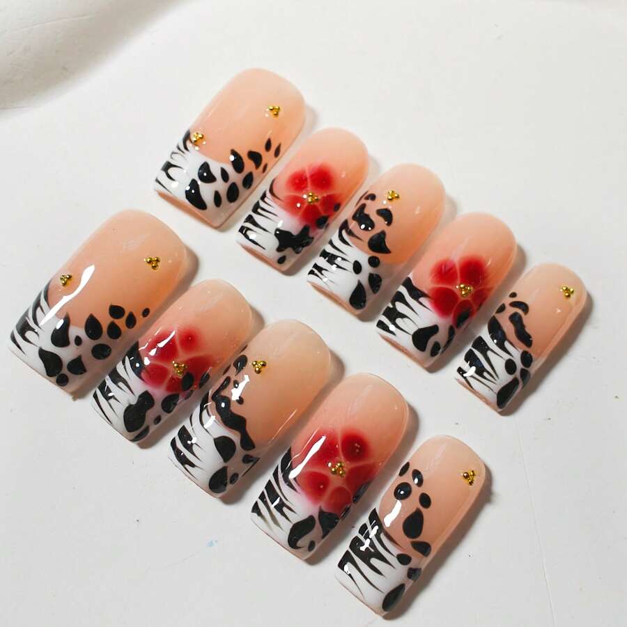 Nailposh 10 PCS Handmade Short Square Press-On Nails | Nude French Tip With Cow Print & Red Floral Accents - 黑色 - 查看 1