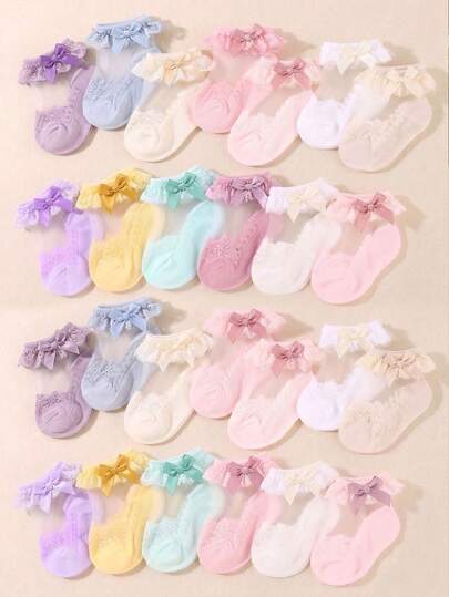 12/6/1 Pair Random Color Lace Princess Style Mid-Calf Socks, Fashionable Cute Sheer Glass Tulle Socks, Pink Series. Girls' Favorite Socks, Can Be Paired With Dresses And All Outfits, Also A Great Gift Choice. Daily Wear And Gift For 0-36 Months Baby Girls.