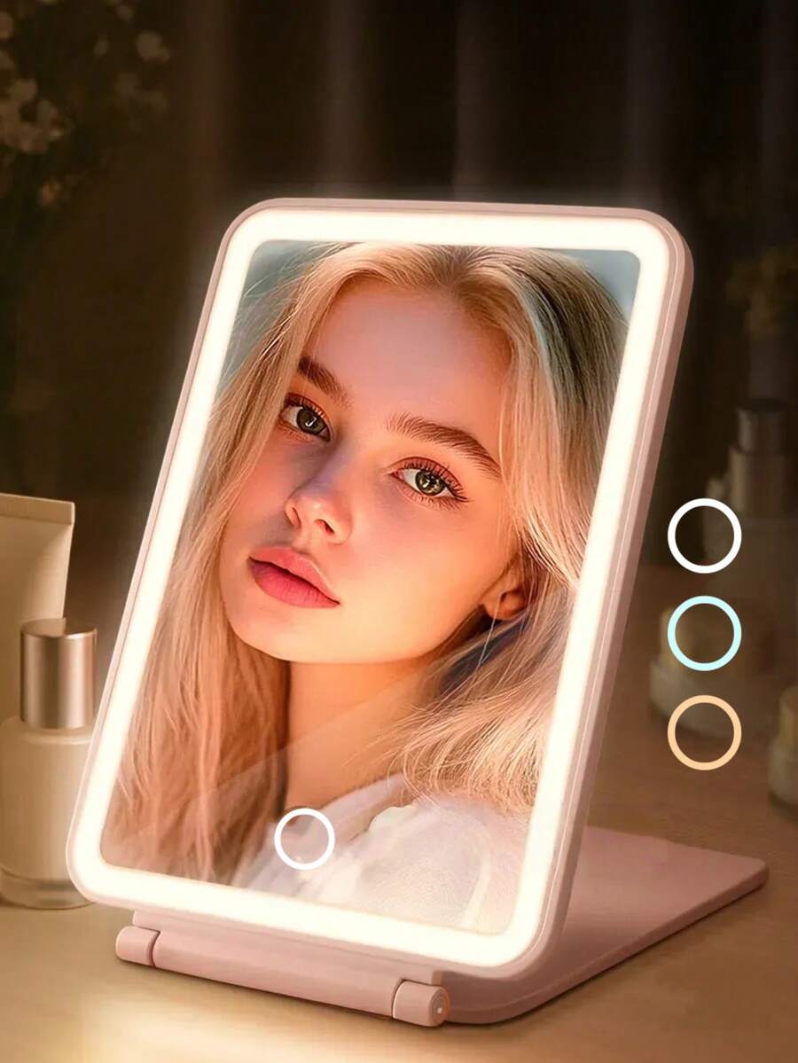 Novo Espelho LED, Espelho de Maquiagem Iluminado, Espelho de Vaidade de Mesa Dobrável, Espelho de Beleza Iluminado Portátil com 3 Modos de Iluminação, Espelho de Maquiagem LED de Mesa Recarregável e Dobrável, Espelho de Viagem LED Dobrável e Compacto, Espelho de Vaidade, Espelho de Maquiagem com Iluminação e Tela Sensível ao Toque Regulável, Espelho de Maquiagem de Viagem, Alto Custo-Benefício, Espelho para Dormitório, Espelho de Viagem, Espelho para Retoques de Maquiagem - Multicolorido - Visão 1