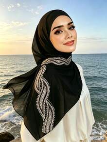 1pc Fashionable Spring/Summer Modest Scarf With Shiny Sequin Decor, Breathable Chiffon Wavy Hem Design - Black - View 3