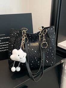 1 pieza Bolso de hombro con cremallera de gran capacidad con patrón de estrella y decoración de nube, de moda para uso diario de mujeres - Negro 2 - Ver 8