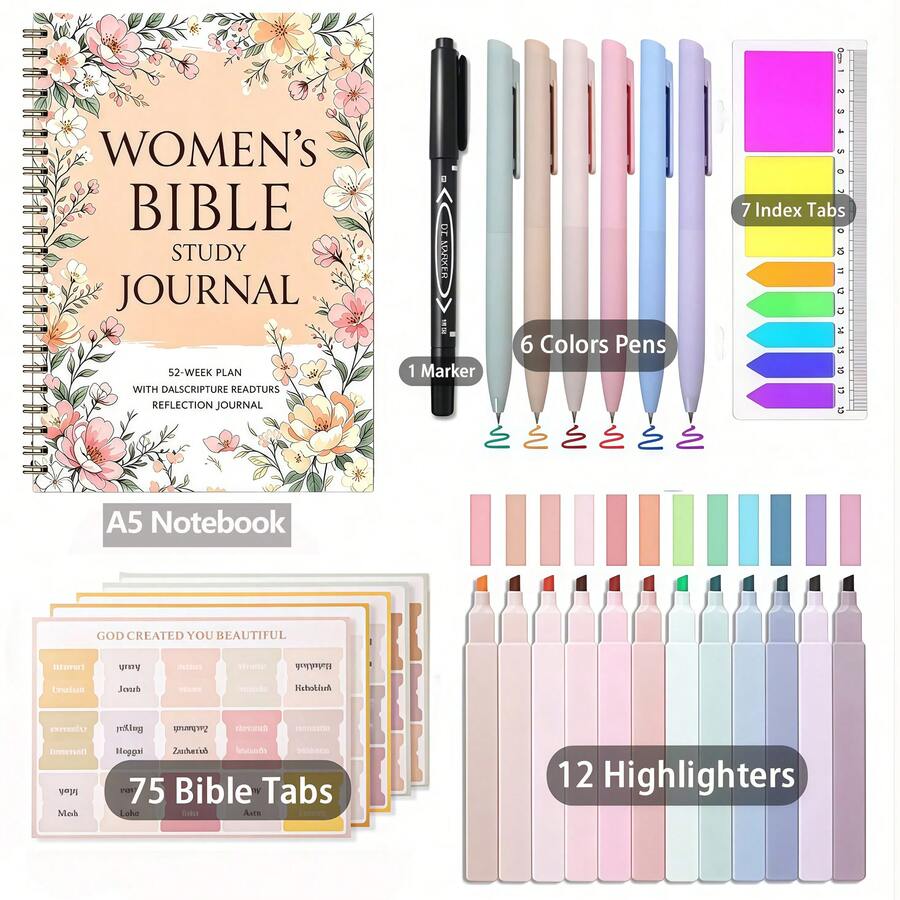 102pcs Christian Women's Bible Study Gift Box With Spiral Notebook, Pen & Scripture Label - Spiritual Journal Kit For Church Bible Study Supplies, Prayer Journal, Gifts For Church Fellowship & Bible - Bible Set - 查看 1