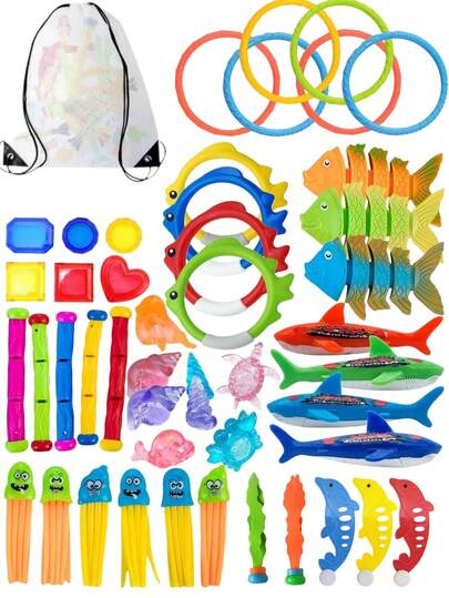 21pcs Summer Swimming Pool Diving Toys Set, Diving Rings, Teens Water Games Toys, Fun Swimming Games, Sinking Toys Set, Sinking Toys Set With Storage Bag, Including Gems, Shark Rings, Swimming Pool Games With Mesh Storage Bag (Random Style & Color)