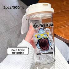 1个/5个装 500毫升可爱鲨鱼造型塑料杯，带吸管和挂绳，防漏，可装冰咖啡，冬季雪花图案水瓶，适合日常使用，也是学生和女孩的理想礼物。可爱迷人，是节日、生日和开学季的理想礼物；适用于学校、工作、家庭和户外活动。 - 多色-大鯊魚 - 查看 10