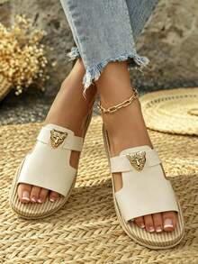 女士平底拖鞋凉鞋，金属扣女士舒适拖鞋凉鞋，绳底拖鞋，度假风凉鞋，沙滩凉鞋，家居拖鞋，舒适凉鞋，易穿脱女士拖鞋凉鞋，豹纹金属装饰拖鞋，黑色拖鞋，波西米亚风豹纹金属装饰平底凉拖，夏季奢华复古露趾休闲平底拖鞋，休闲日常海滨度假连体平底拖鞋，度假风单带沙滩拖鞋，白色 - 米色 - 查看 1