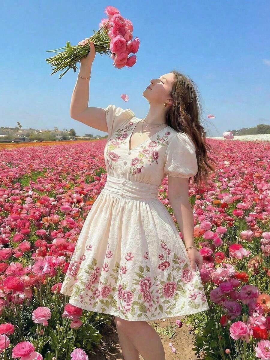 MOD Vestido mini con estampado de color albaricoque, cuello en V y cintura ceñida, adecuado para salidas, vacaciones y fiestas de jardín, talla grande - Albaricoque - Ver 1