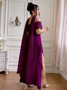 Roveilla Vestido elegante y fluido con hombros descubiertos, abertura y espalda descubierta para fiesta, talla grande para mujer - Rojo - Ver 10