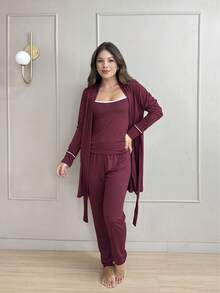 Women's Pajama Set With Robe In Comfortable, Casual, And Elegant Suede Knit - Burgundy - View 3