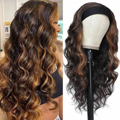 Brown Highlight Headband Wigs 26 Body Wavy Wig With Headband Attached Natural Looking Synthetic Hair Wig