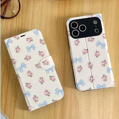 1pc Fashion Cute Small Rose Blue Bow Pattern Full Coverage Classic Anti-Drop High-Quality PU Leather Flip Phone Case, Foldable Card Holder, Full-Body Protective Phone Cover, Suitable As Birthday/Holiday Gift For Friends, Family, Couples, Fits IPhone17/IPhone17 Air/IPhone17pro/IPhone17pro Max/IPhone16/IPhone16 Plus/IPhone16pro/IPhone16pro Max/IPhone15/IPhone15 Plus/IPhone15pro/13/14/12/11