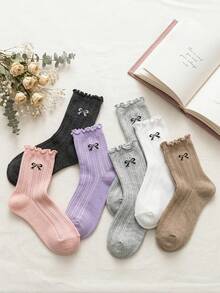 3/6 đôi tất dài đến bắp chân, kẻ sọc, có bèo nhún | Thiết kế nơ, phù hợp cho mọi mùa - Nhiều màu - Xem 7