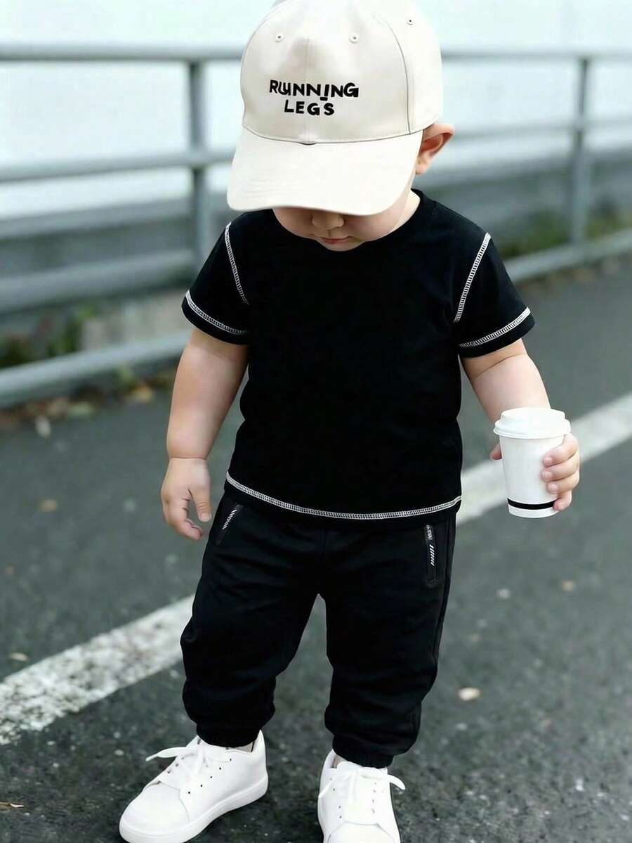 2pcs/Set Toddler Boys' Casual Solid Color Contrast Stripe Short Sleeve Loose T-Shirt And Long Jogger Pants, 4-7 Years Old, Spring/Summer/Autumn - Black - View 1