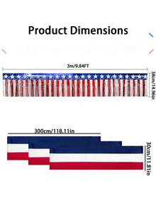 4件套独立日爱国装饰套装，包括1个星形流苏花环和1个红白蓝桌裙，适用于独立日/阵亡将士纪念日/劳动节派对、游行装饰。 - 三色橫幅裝飾品+日三色雨絲簾 - 查看 2
