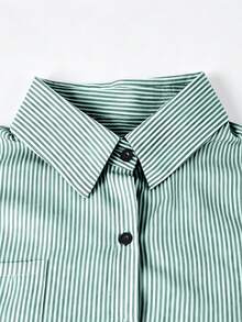 Plus Size Women Striped Long Sleeve Collared Button-Up Shirt, Autumn Spring - Green - View 3