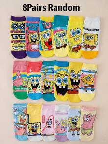SpongeBob SquarePants 3/6/8 đôi tất cổ ngắn in họa tiết ngẫu nhiên, tất cổ cao hoạt hình dễ thương, tất thoáng khí cho nam và nữ. - Nhiều màu - Xem 15