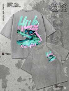 2026 "Huk Fishing First Fish" Men's Vintage-Style Printed T-Shirt, Featuring A Fun Crocodile Pattern Print, Casual Round Neck, Short Sleeves, 230g Washed Cotton, Summer Outdoor Apparel, An Ideal Gift For Fishing Enthusiasts - 灰色的 - 查看 14