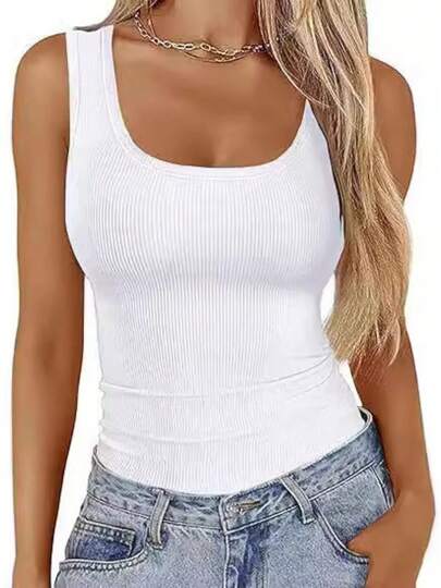 2026 Ropa casual: Tops de mujer de cuello de pico acanalado ajustado sin mangas