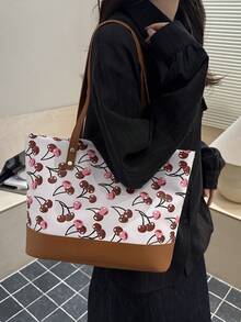 Cute Cherry Print Tote Bag - White - View 1