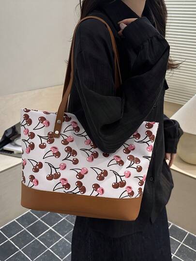 Cute Cherry Print Tote Bag