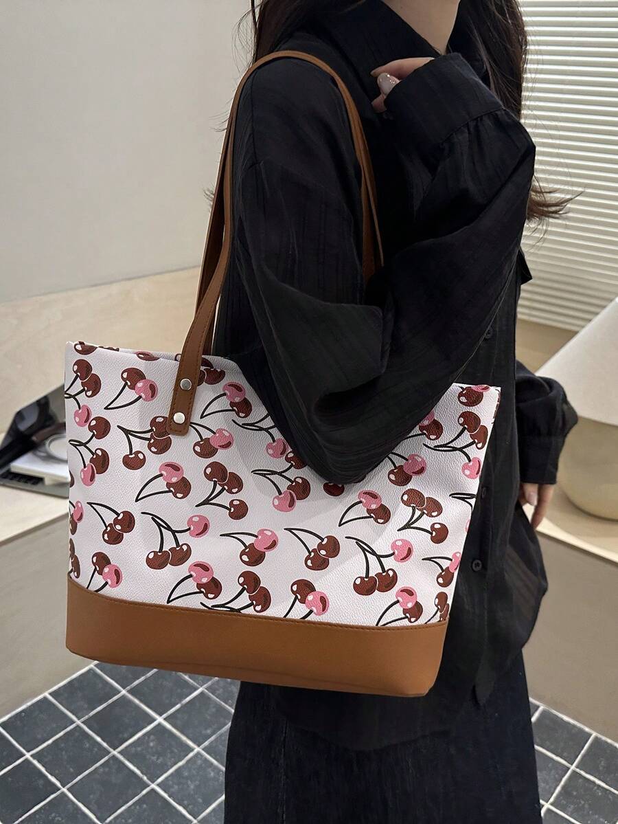 Cute Cherry Print Tote Bag - White - View 1