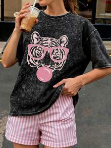Camiseta de mujer de manga corta con cuello redondo y estampado de tigre, de verano, informal, holgada y versátil, de uso diario estiloso en color negro - Negro - Ver 10