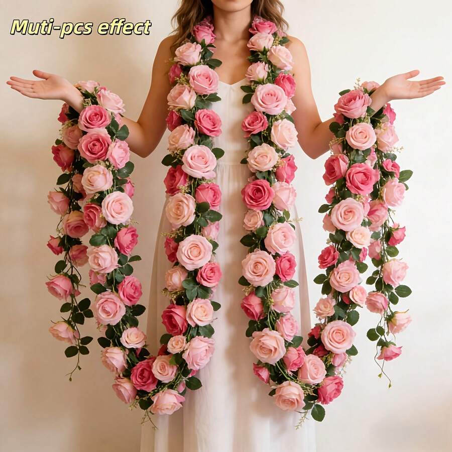 196.8 英寸 - 2 件装超长人造双瓣粉色春玫瑰藤蔓花环，拱形花藤，适用于情人节、派对、婚礼、生日墙拱门装饰、婚礼装饰、DIY 装饰、母亲节花园装饰、门窗包装、礼品包装、家居装饰，造型灵活，持久开花，不褪色。 - 粉色 - 查看 1